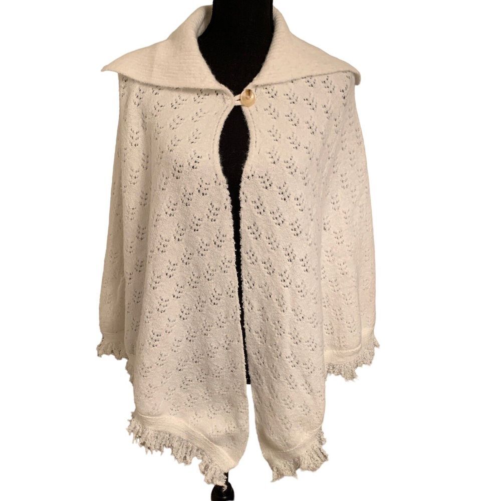 Urban Outfitters White Tana Knit Cape Poncho Pointelle Fray Trim‎ Stretchy OS